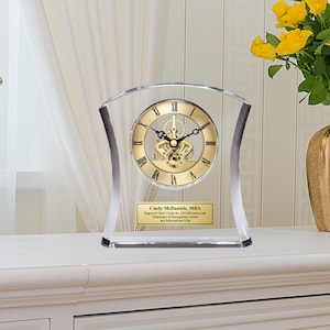 Crystal Clock Gold DaVinci Purity Contour Moving Gear Personalized Gift Mantel Shelf Table Clock Wedding Anniversary Birthday Retirement