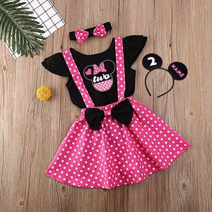 Custom Birthday Set Outfit - "Pink" Polka Dot Dress Suspender Tutu Skirt Bow Knot Headband 3Pcs