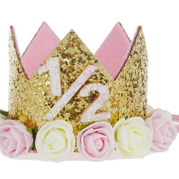 Half Birthday Party Hat Glitter Girl Gold Pink Princess Pink & White Flowers Crown Children Party Baby Party Supplies Accessories