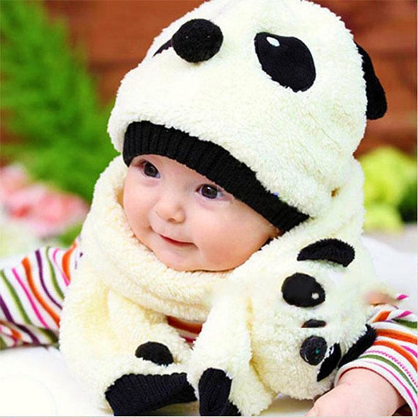 Baby panda cap and scarf set kids girls boys stretch