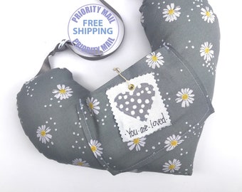 Gift pillow with pocket, white daisies gray, post op breast cancer  lumpectomy underarm comfort pillow, 6x 4 1/2"  pocket, adjustable strap
