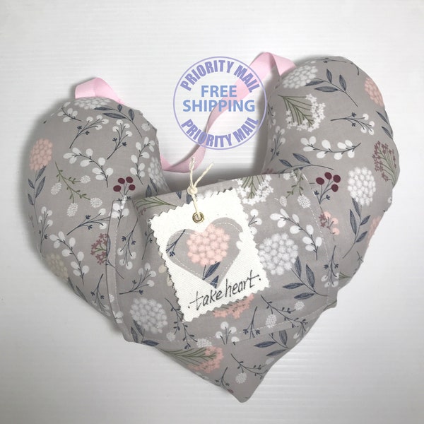 Gray floral mastectomy lumpectomy post op comfort gift pillow, ice pack pocket, adjustable straps, “take heart” tag. Free shipping