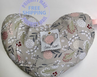 Post HEART SURGERY / HYSTERECTOMY comfort pillow with handle, floral gray fabric, ice pack pocket, 14 x 11 x 3, stuffed with soft fiber fill