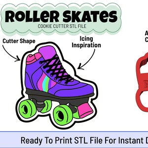 Puede incluir: Un cortador de galletas de patines de ruedas morados con cordones negros, rayas de arcoíris y ruedas verdes. La imagen también muestra un cortador rojo con las palabras "4 IN Roller Skates". El texto "ROLLER SKATES" y "Ready To Print STL File For Instant Download" también son visibles.