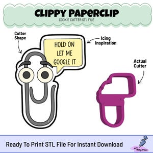 May include: A cartoon-style paperclip design with googly eyes and a speech bubble that says "HOLD ON LET ME GOOGLE IT." The image also shows a purple cookie cutter in the shape of the paperclip. The text "CLIPPY PAPERCLIP" is at the top.