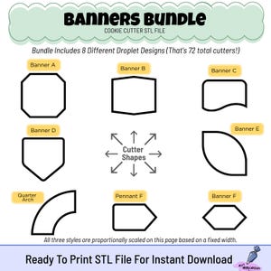 Paquete básico de pancartas / Archivos STL para cortar galletas / 8 estilos con 9 tamaños cada uno, etiquetados (descarga instantánea)