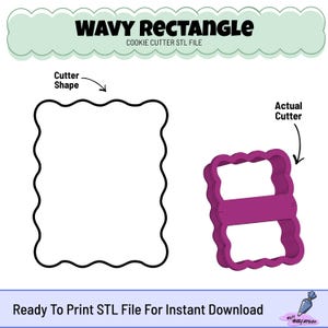 Puede incluir: Un dibujo lineal en blanco y negro de una forma de cortador de galletas rectangular ondulado, junto a un cortador de galletas rectangular ondulado impreso en 3D de color magenta. El texto dice "WAVY RECTANGLE COOKIE CUTTER STL FILE" y "Ready To Print STL File For Instant Download."
