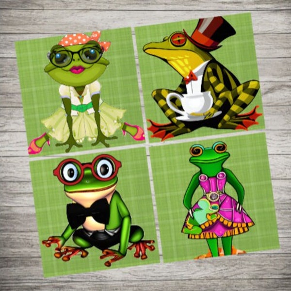 Dapper Frogs - Dressed to Impress! Ceramic Coasters with Cork Bottom - Size is 3.75" x 3.75" Square - Set of 4 - Glossy Finish.