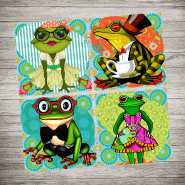 Colorful Dapper Frogs - Dressed to Impress! Ceramic Coasters with Cork Bottom - Size is 3.75" x 3.75" Square - Set of 4 - Glossy Finish.