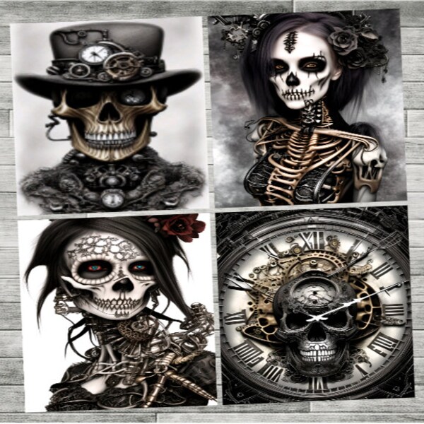 Steampunk & Gothic Style Skeletons Ceramic Coasters with Cork Bottom - Size is 3.75" x 3.75" Square - Set of 4 - Glossy Finish - Handcrafted