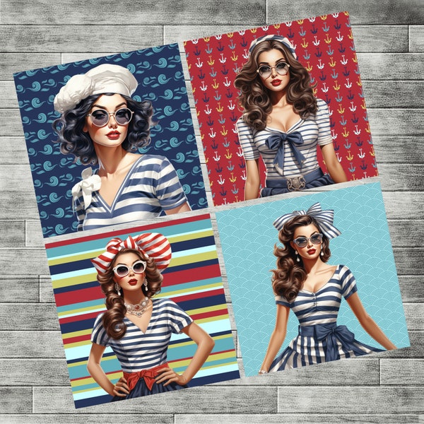 Patriotic Sailor Pin-Up Girls - Ceramic Coasters with Cork Bottom - Size is 3.75" x 3.75" Square - Glossy Finish - Set of 4.