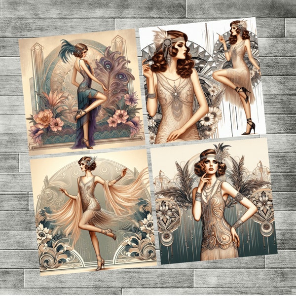 1920's Era Elegant Flappers - Ceramic Coasters with Cork Bottom - Size is 3.75" x 3.75" Square - Set of 4 - Glossy Finish - Handcrafted.