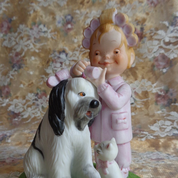 Vintage J McDowell Figurine Girl with Dog and Cat Don't Laugh You're Next Our Kids Collection Cute Freckle Faced Girl
