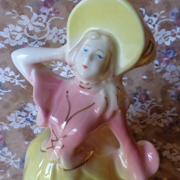 Vintage Lamp Base Pink and Yellow Ceramic Southern Belle Lady Lamp Base Only