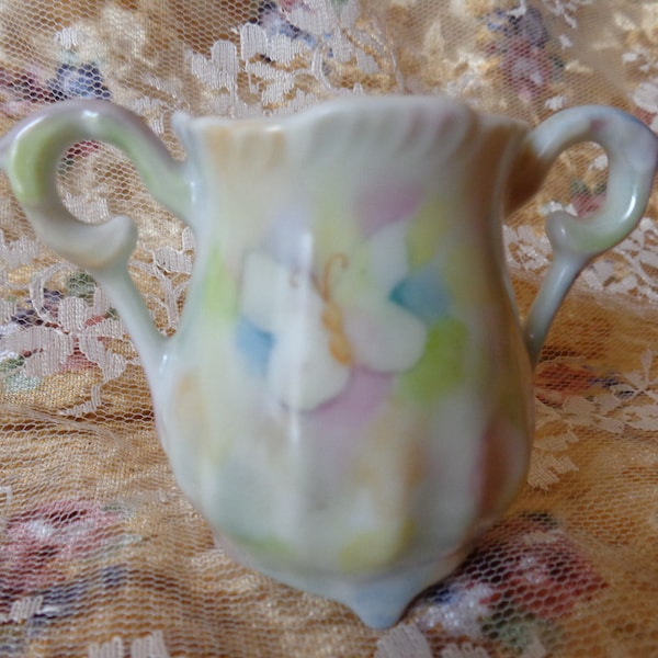 Vintage Hand Painted Porcelain Toothpick Holder Double Handled Butterfly Design Toothpick Holder Signed Muted tones pink yellow blue green