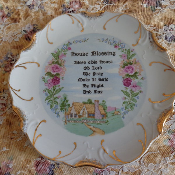 Vintage House Blessing Plate Roses Cottage Prayer Religious Spiritual Sweet Porcelain Made in Japan Gold Paint Edge