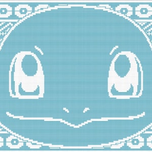 May include: A light blue and white pixel art pattern featuring the stylized face of a creature with large eyes and a curved mouth. The design is framed by a decorative border of geometric shapes and lines, creating a grid-like appearance.