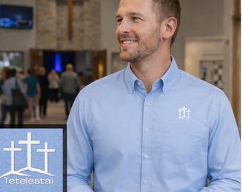 Tetelestai Embroidered Mens Button-Down Shirt, Christian Gift