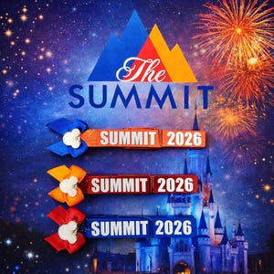 May include: Image features the text "The Summit 2026" with a mountain graphic. Three decorative clips in blue, orange, and red, each with a bow and a white Mickey Mouse head, are displayed. A castle and fireworks are in the background.
