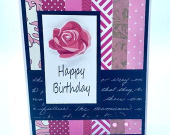 Pink Rose Happy Birthday Handmade Greeting Card