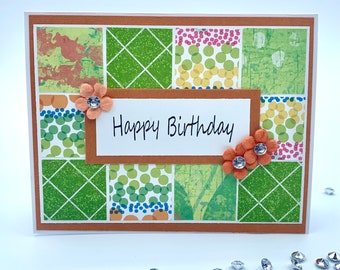 Orange and Green Happy Birthday Handmade Greeting Card