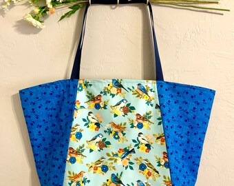 Colorful Blues Songbird Large Eco Tote Shopper Bag