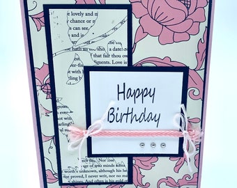 Pink Flowers Happy Birthday Handmade Card