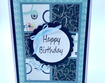Bicycle and Light Blue Happy Birthday Handmade Greeting Card