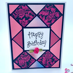 Pink Flower Happy Birthday Handmade Greeting Card