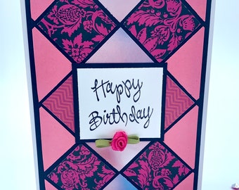 Pink Flower Happy Birthday Handmade Greeting Card