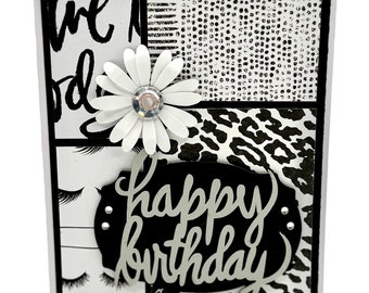 Black and White Happy Birthday Handmade Greeting Card