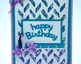 Glitter and Penguin Happy Birthday Handmade Greeting Card