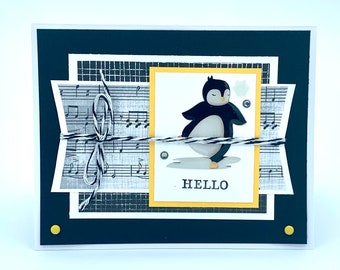 Penguin Dancing in the Snow “Hello” Handmade Greeting Card
