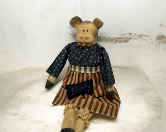 Grungy Patriotic Piggy Doll – Navy Stars, Striped Skirt, Liberty Pillow – Farmhouse Decor