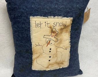 Primitive Stitched Let It Snow Snowman Pillow!