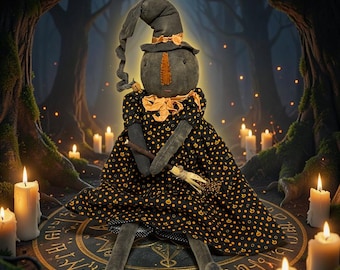 Witchy Pumpkin Doll - Handmade Primitive Black Witch Doll
