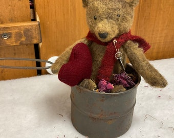 Handmade-Primitive Miniature Bear in Vintage Measuring Cup! Primitive Mini Bear!