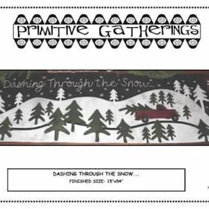 May include: A black and white illustration of a winter scene with a red truck carrying a Christmas tree. The text "Dashing Through the Snow..." is written above the scene. The finished size of the pattern is 15 inches by 54 inches.