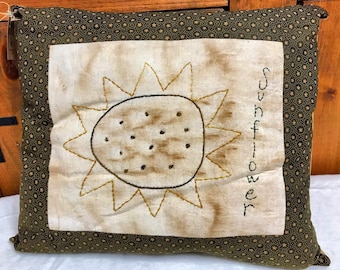 Primitive Stitched Sunflower Pillow