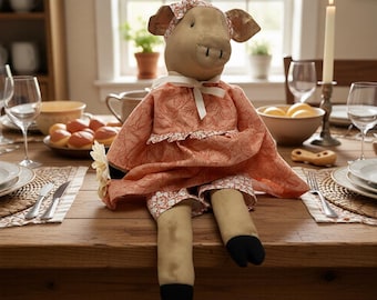 Grungy Spring Piggy Girl With Flower-Handmade Farmhouse-Primitive Doll-Decor