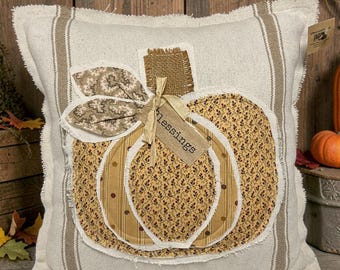 Raw Edge Applique Farmhouse Pumpkin- Grain Sack Pillow- Fall Decor