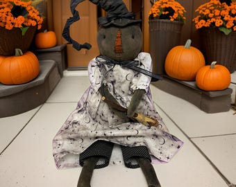Witchy Pumpkin Doll - Handmade Primitive Black Witch Doll with White Celestial Dress