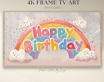 Arte para TV Samsung con marco de arcoíris de feliz cumpleaños: pintura al óleo para decoración de fiestas (descarga digital 4K JPEG)