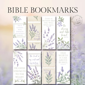 May include: A collection of Bible bookmarks with floral designs and inspirational quotes. The bookmarks feature lavender illustrations and various Bible verses, including "She is clothed with strength and dignity." The words "Bible Bookmarks" are at the top.
