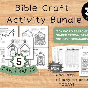 Może przedstawiać: Pakiet aktywności rzemieślniczych Biblii z 30 stronami. Obraz przedstawia różne czarno-białe rysunki linii o tematyce religijnej, w tym gołębia, kościół i krzyż. Tekst zawiera "Fan Crafts", "Word Searches" i "Ready-to-print TODAY!"