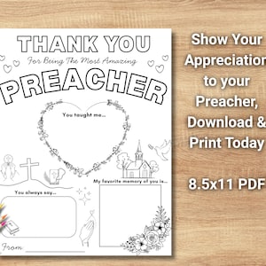 May include: Black and white printable coloring page with the text "THANK YOU PREACHER" and space to write. Includes a heart-shaped floral design, a church, and the text "Show Your Appreciation to your Preacher, Download & Print Today".