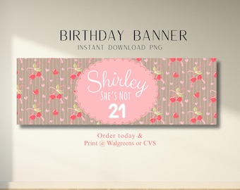 Banner imprimible para cumpleaños número 21, banner de cumpleaños de cerezas, decoración de cumpleaños Coquette, banner imprimible de Walgreens CVS, descarga instantánea