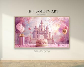 Marco de cumpleaños de cuento de hadas para TV 4K, decoración de fiesta de princesa con castillo morado y rosa para Samsung (descarga digital JPEG)