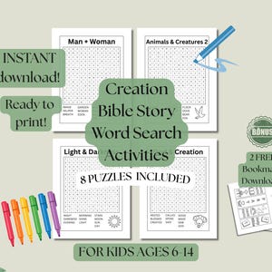 May include: A collection of printable Bible story word search puzzles for kids ages 6-14. The image shows four word search pages, colorful markers, and bonus bookmark downloads. Text includes "Instant download!" and "Ready to print!"