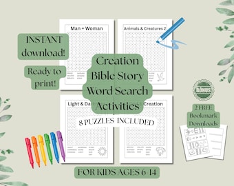 Búsqueda de palabras cristiana: historia de la creación (actividad imprimible) / Descarga instantánea para la Escuela Bíblica de Verano (EBV)